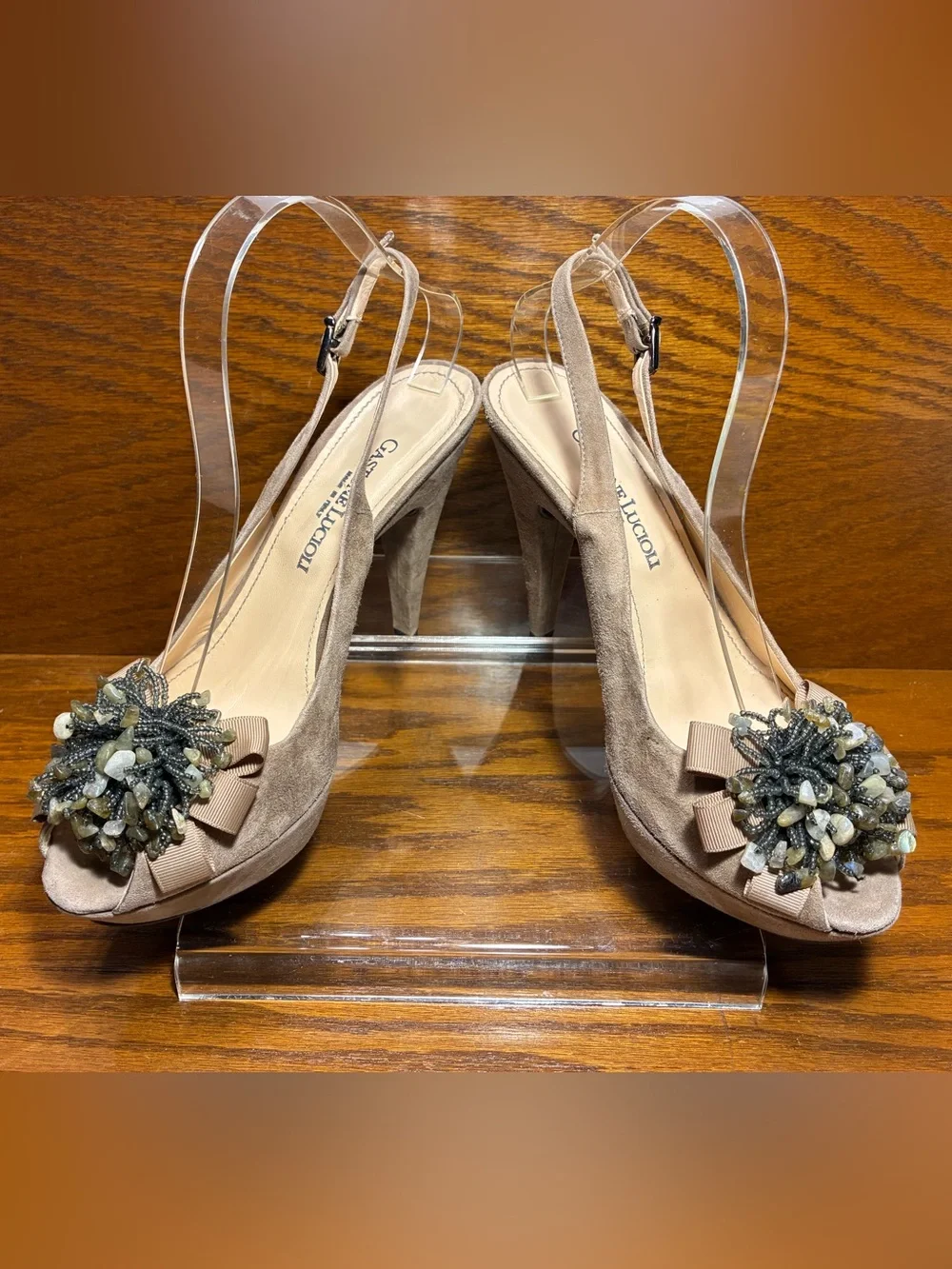 Gastone Lucioli ITALY Beaded Suede Platform Slingback Heels Taupe EU 40 US 9.5